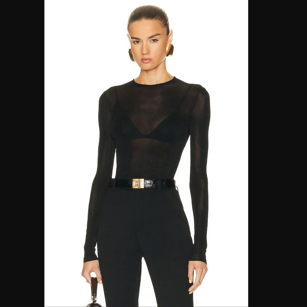 SAINT LAURENT Brown Sheer Silk Knit Sweater Long Sleeve Size LARGE